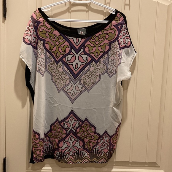 Dots Women’s Size L Top Blouse Pullover Hi-Lo Mixed Media Boho Sheer Front - Picture 2 of 7